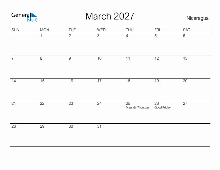 Printable March 2027 Calendar for Nicaragua