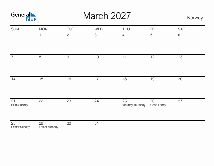 Printable March 2027 Calendar for Norway