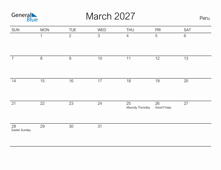 Printable March 2027 Calendar for Peru