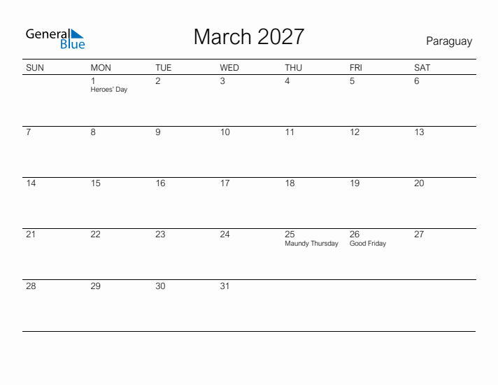 Printable March 2027 Calendar for Paraguay
