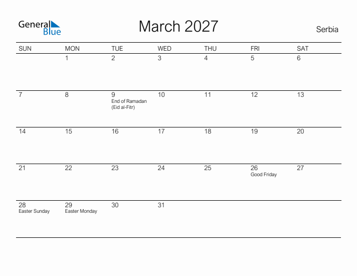 Printable March 2027 Calendar for Serbia