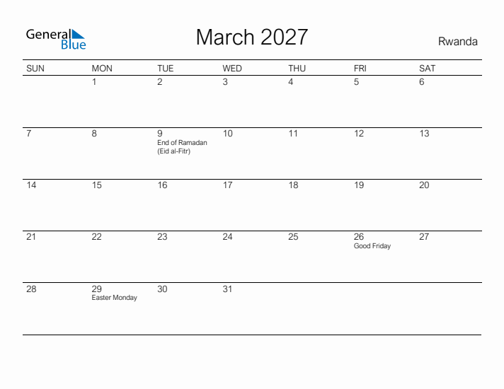 Printable March 2027 Calendar for Rwanda