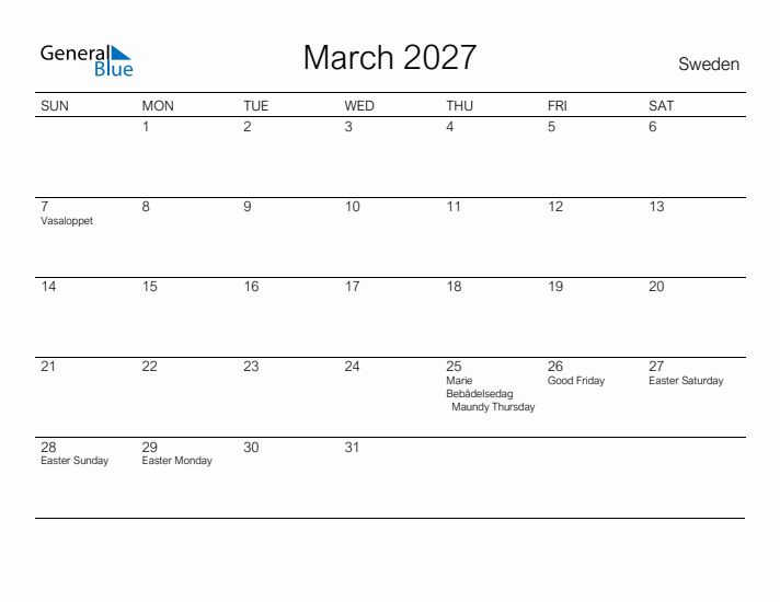 Printable March 2027 Calendar for Sweden