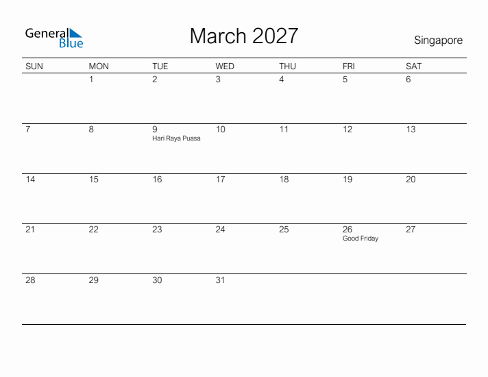 Printable March 2027 Calendar for Singapore
