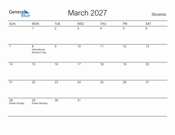 Printable March 2027 Calendar for Slovenia