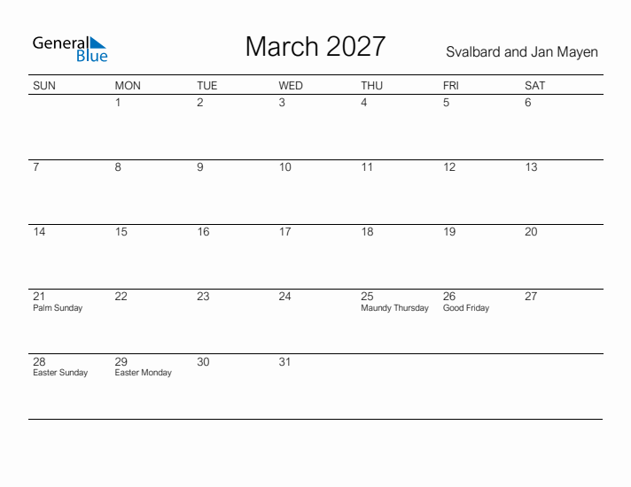 Printable March 2027 Calendar for Svalbard and Jan Mayen