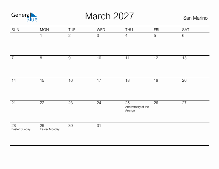 Printable March 2027 Calendar for San Marino