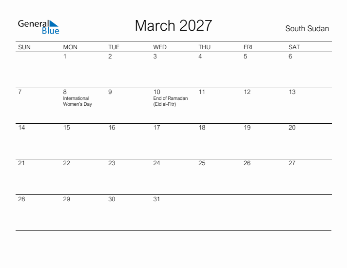 Printable March 2027 Calendar for South Sudan