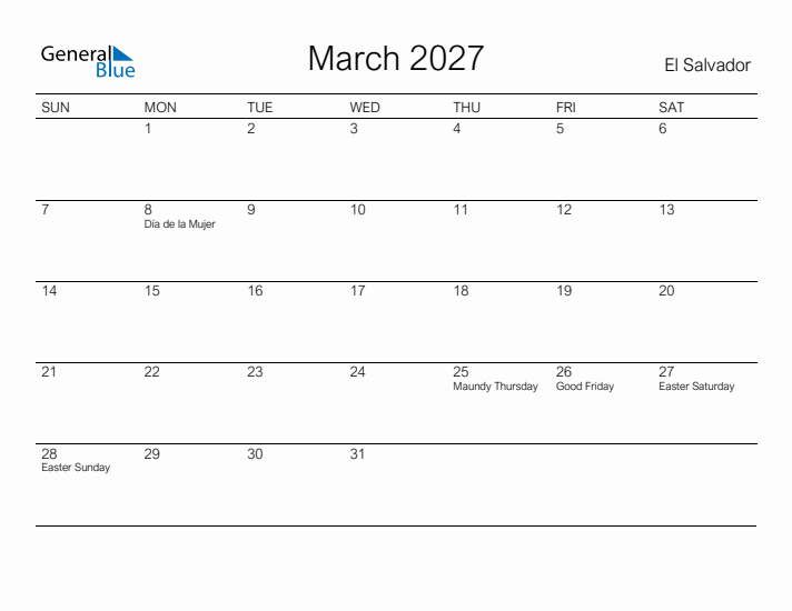 Printable March 2027 Calendar for El Salvador