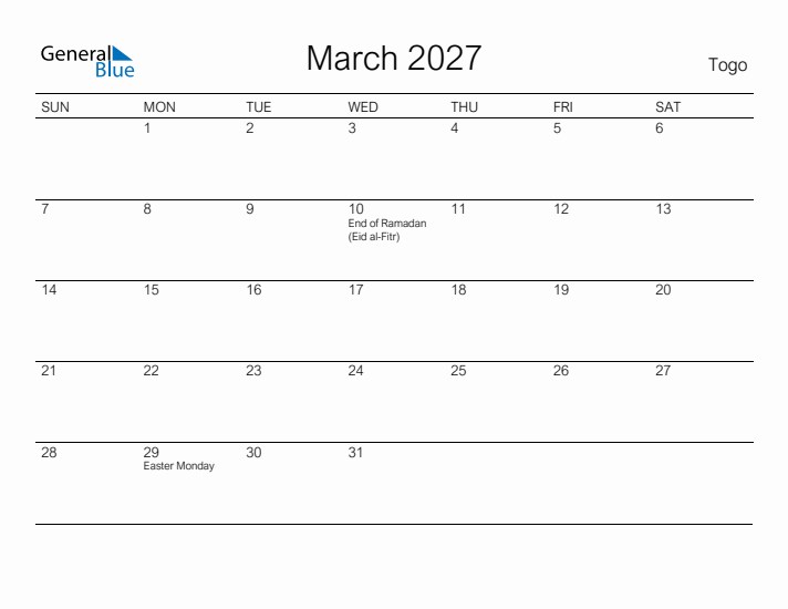 Printable March 2027 Calendar for Togo