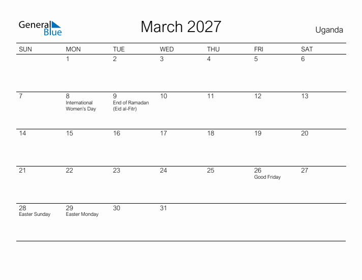 Printable March 2027 Calendar for Uganda