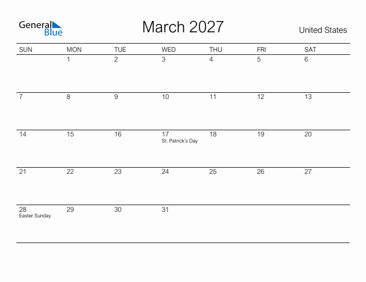 March 2027 Monthly Calendar with United States Holidays