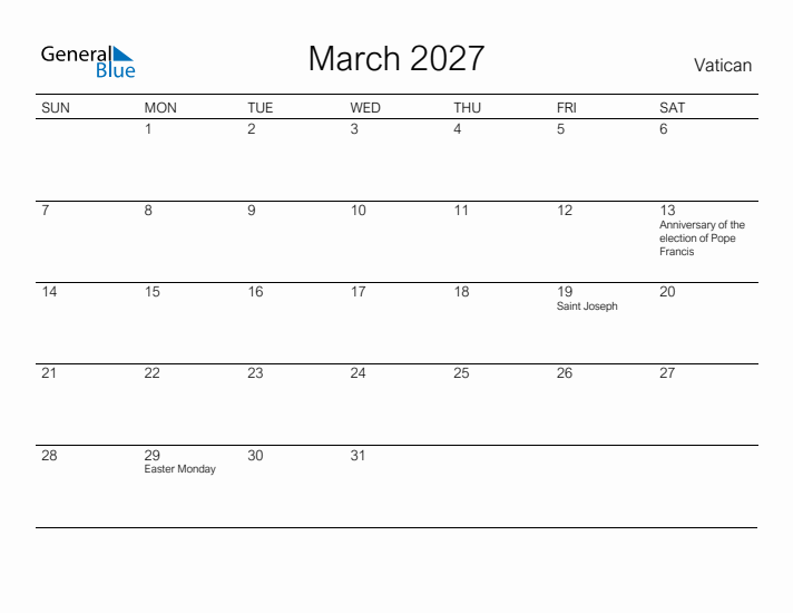 Printable March 2027 Calendar for Vatican