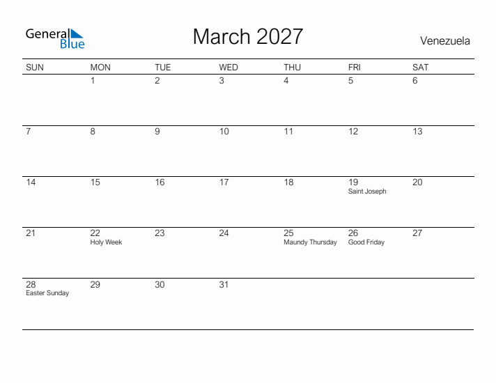 Printable March 2027 Calendar for Venezuela