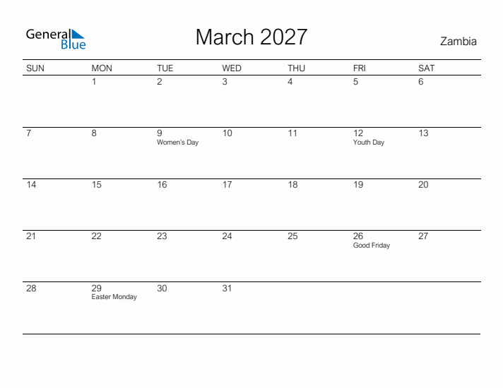 Printable March 2027 Calendar for Zambia