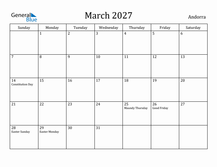 March 2027 Calendar Andorra
