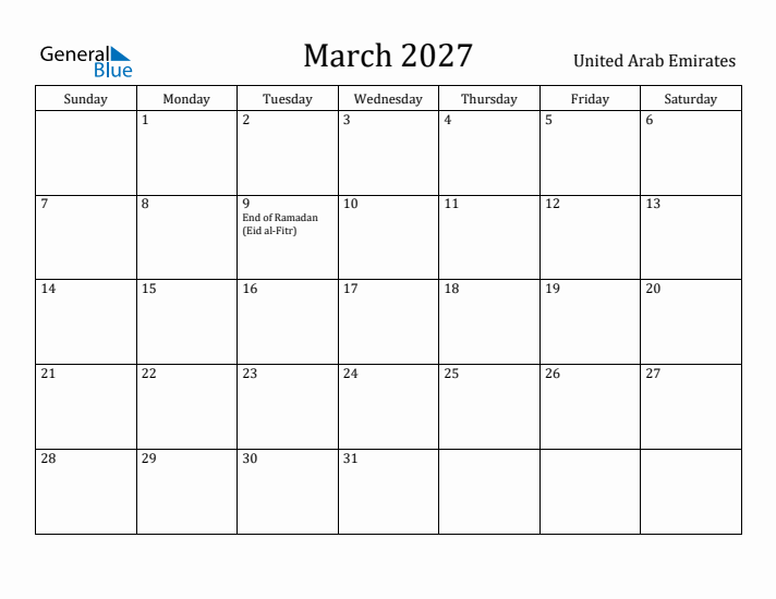 March 2027 Calendar United Arab Emirates