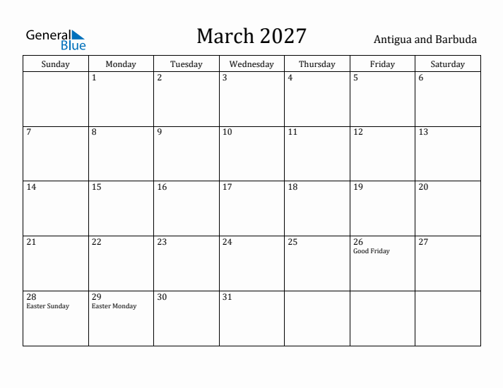 March 2027 Calendar Antigua and Barbuda
