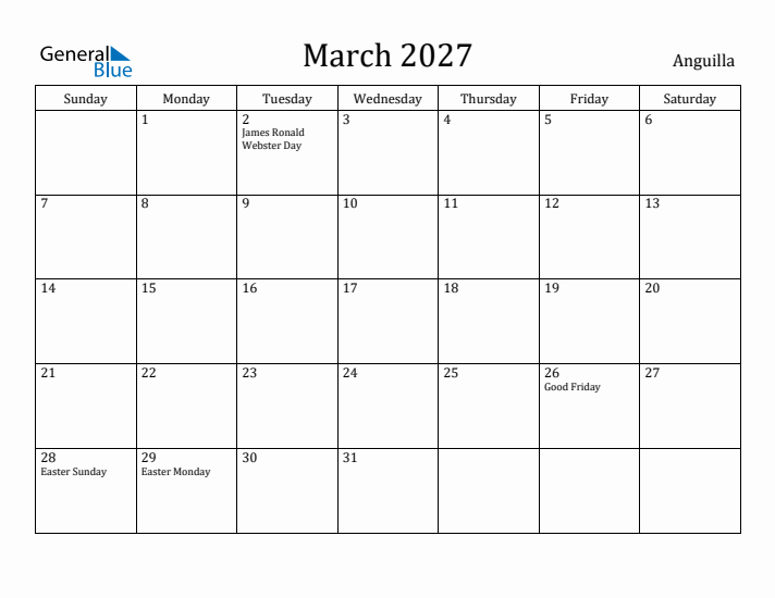 March 2027 Calendar Anguilla
