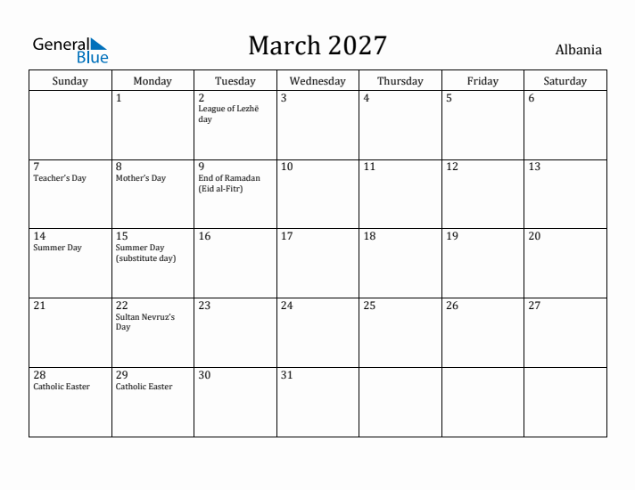 March 2027 Calendar Albania