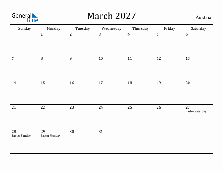 March 2027 Calendar Austria