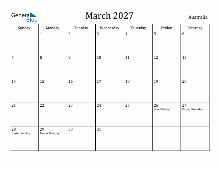 March 2027 Calendar Australia