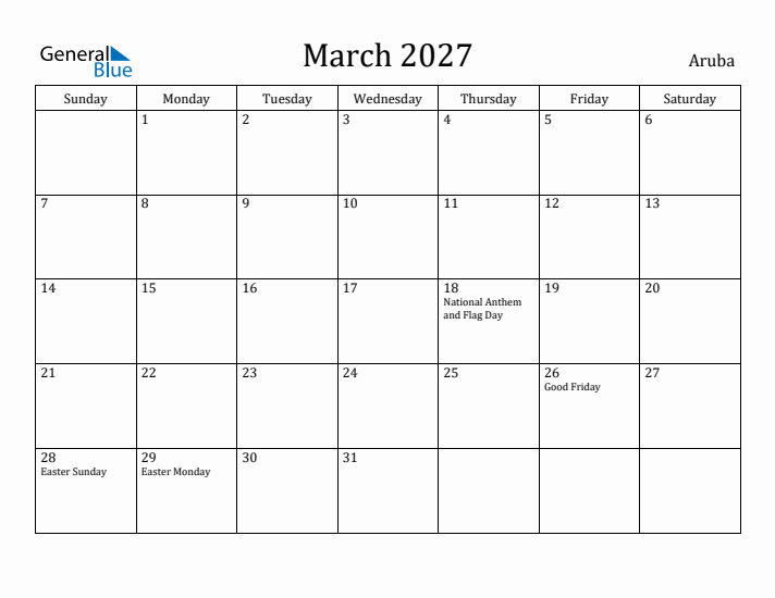 March 2027 Calendar Aruba