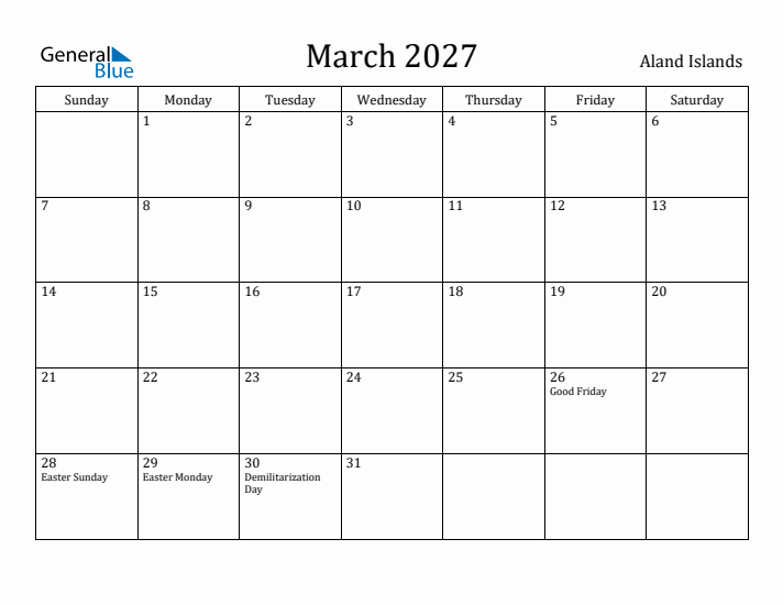 March 2027 Calendar Aland Islands