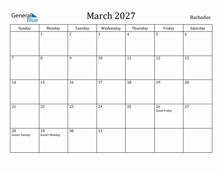 March 2027 Calendar Barbados