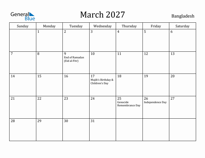 March 2027 Calendar Bangladesh