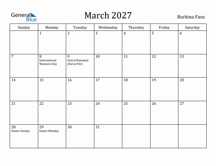 March 2027 Calendar Burkina Faso
