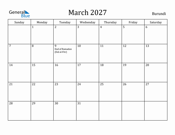 March 2027 Calendar Burundi
