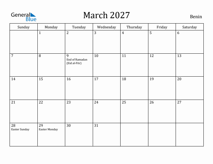 March 2027 Calendar Benin