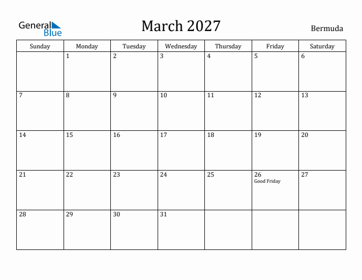 March 2027 Calendar Bermuda