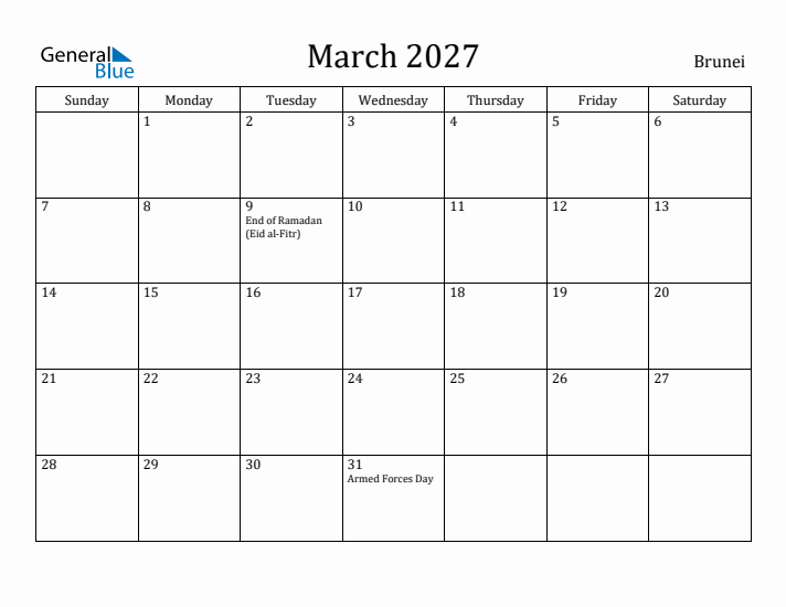 March 2027 Calendar Brunei