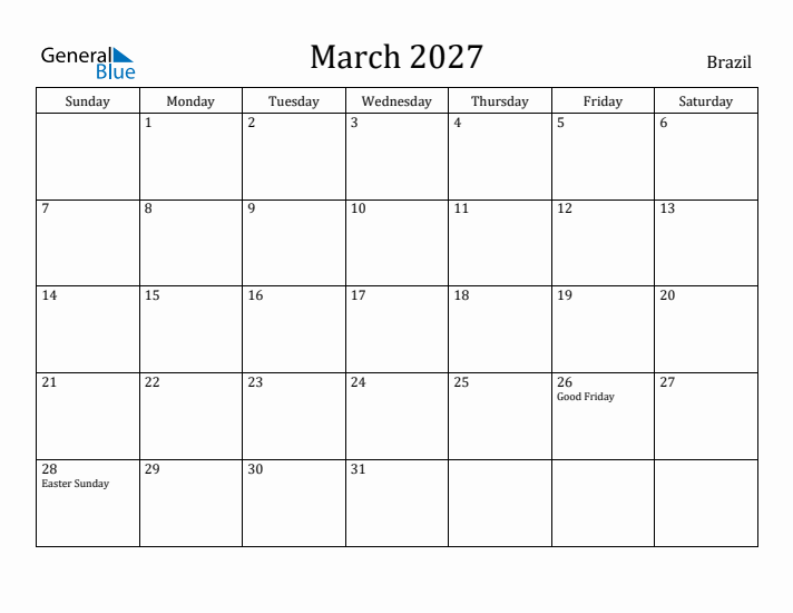 March 2027 Calendar Brazil
