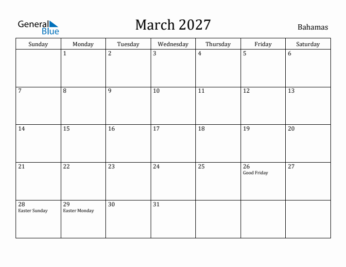 March 2027 Calendar Bahamas