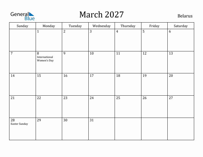 March 2027 Calendar Belarus