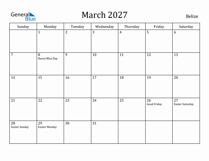 March 2027 Calendar Belize