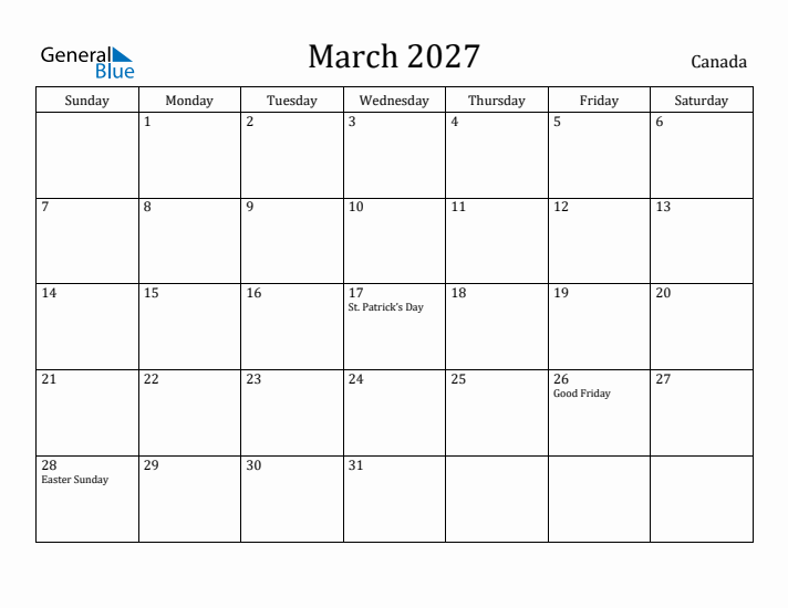 March 2027 Calendar Canada