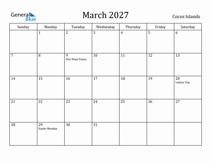 March 2027 Calendar Cocos Islands
