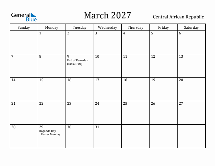 March 2027 Calendar Central African Republic