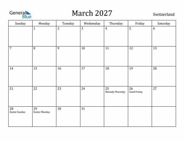 March 2027 Calendar Switzerland