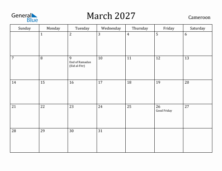 March 2027 Calendar Cameroon