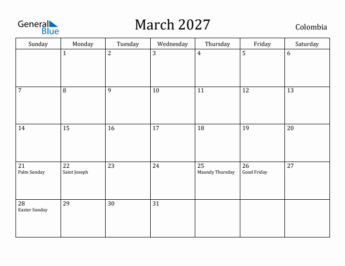 March 2027 Calendar Colombia