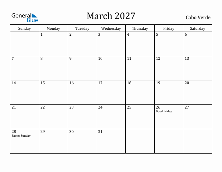 March 2027 Calendar Cabo Verde