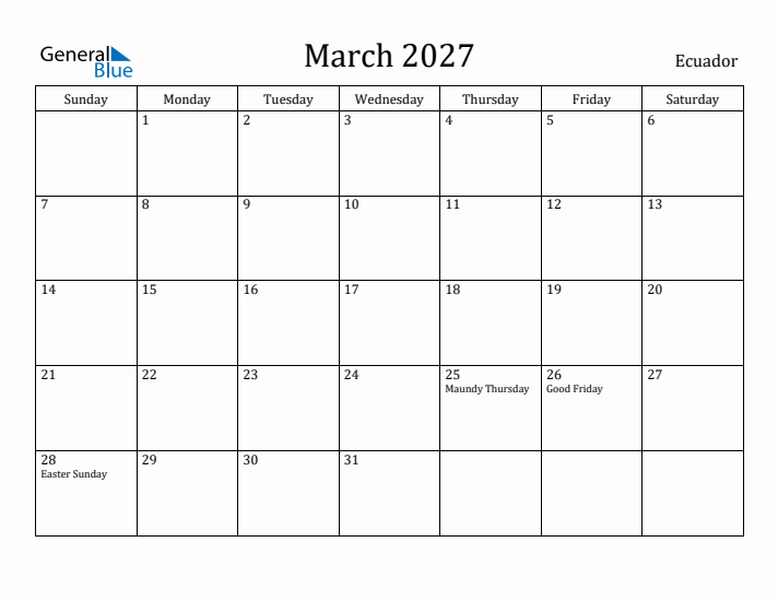 March 2027 Calendar Ecuador