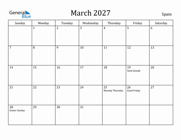 March 2027 Calendar Spain