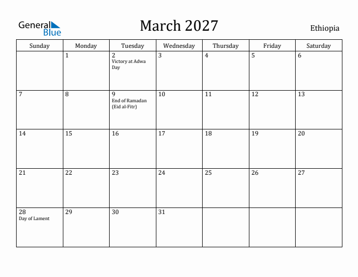 March 2027 Calendar Ethiopia