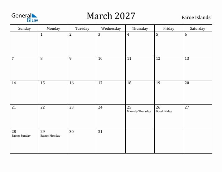 March 2027 Calendar Faroe Islands